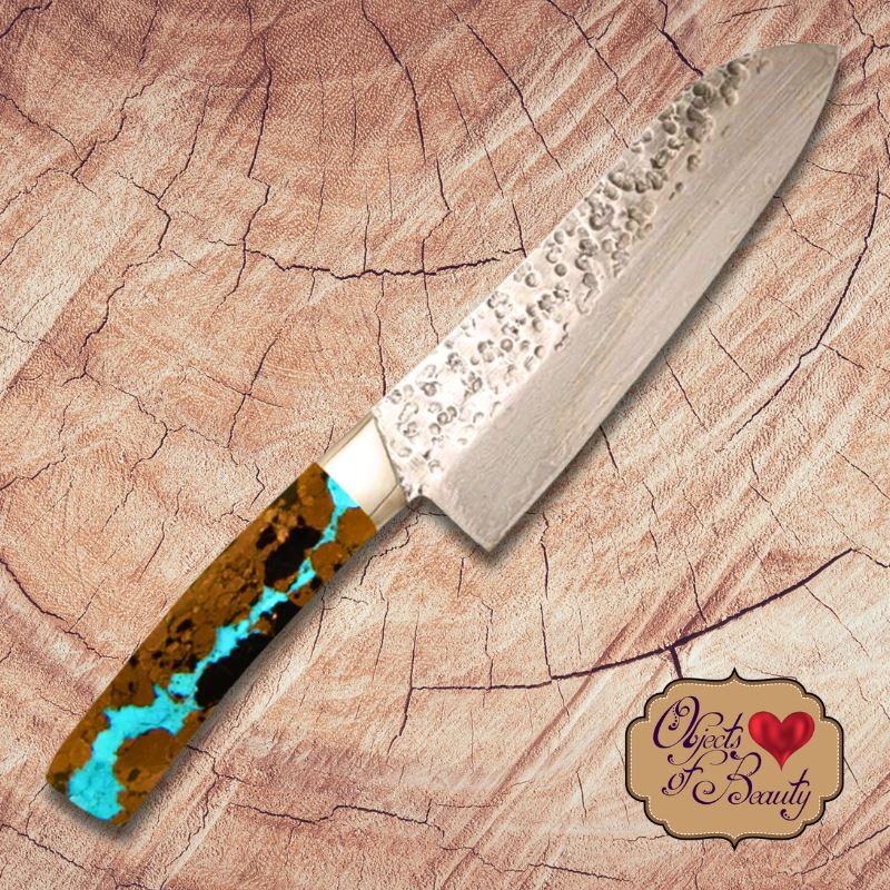 7" Santoku Vein Turquoise Damascus Chef’s Knife | Yellowstone Spirit Southwestern Collection Turquoise Butcher Knife Santa Fe Stoneworks 