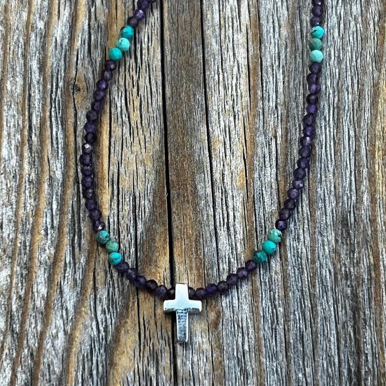 Amethyst and Turquoise with Silver Cross Beaded Necklace | Yellowstone Spirit Southwestern Collection Objects of Beauty 