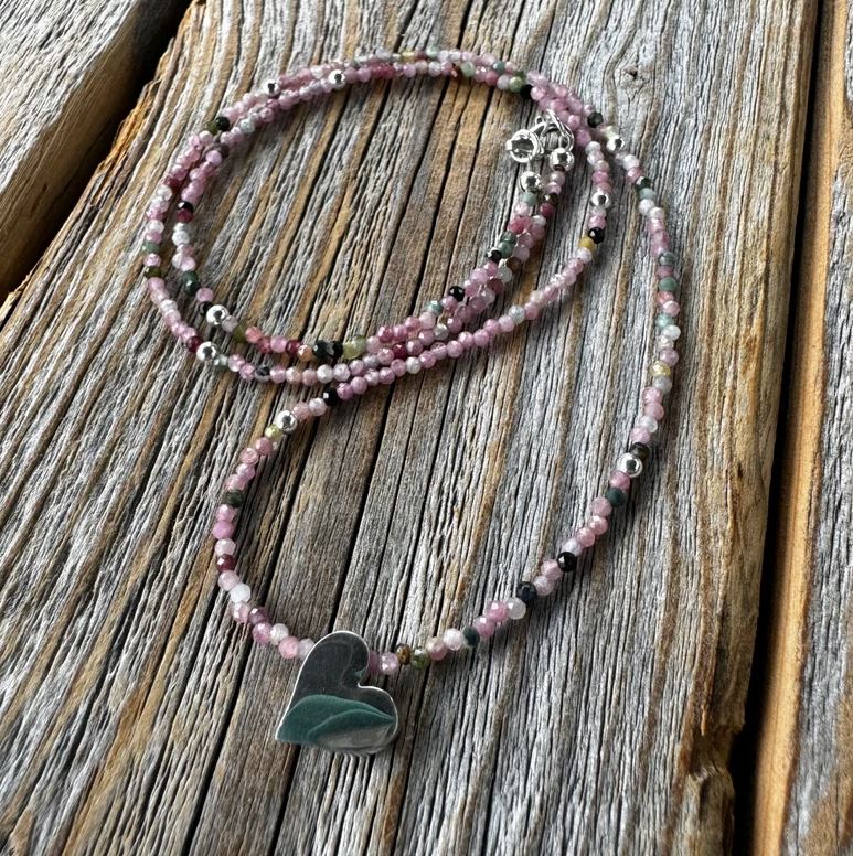 Pink Tourmaline and Silver Heart Beaded Necklace | Yellowstone Spirit Southwestern and Turquoise Collections Pink Tourmaline Silver Heart Necklace Objects of Beauty Southwest 