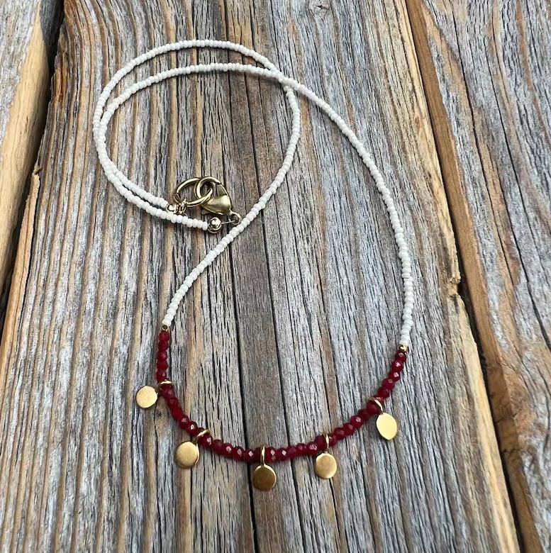 Ruby and White Czech Glass Beaded Necklace with Gold Dangle Drops | Yellowstone Spirit Southwestern Collection Ruby Czech Glass and Gold Dangle Drop Necklace Objects of Beauty Southwest 