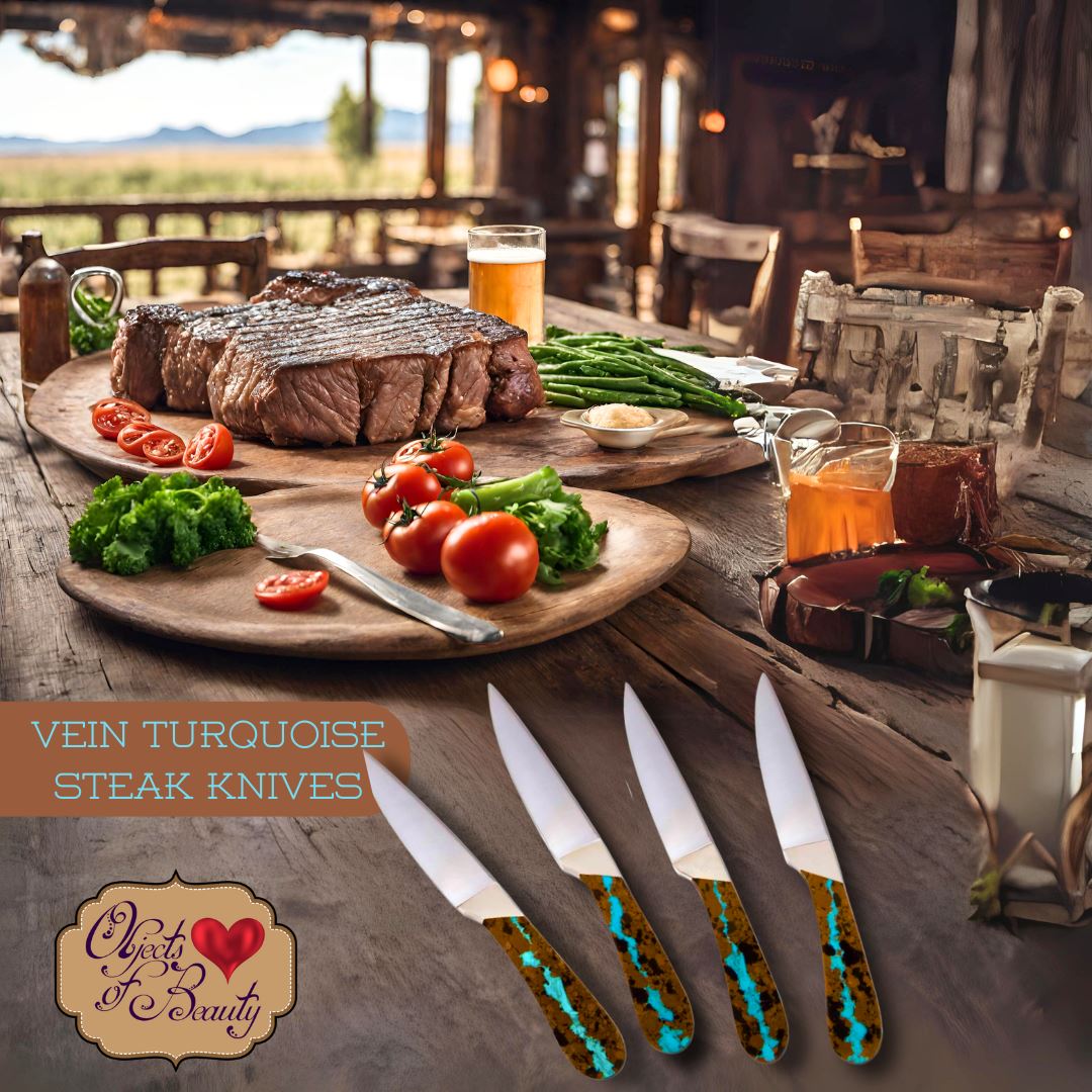 Vein Turquoise Plain Blade Steak Knives | Yellowstone Spirit Southwestern Collection Kitchen Knives Santa Fe Stoneworks 