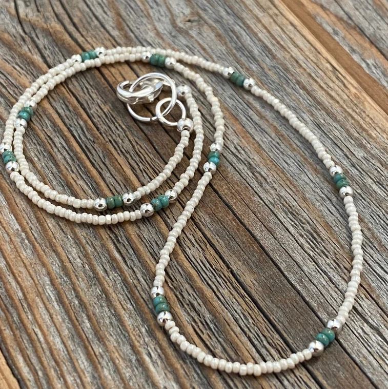 White Czech Glass and Turquoise Beaded Silver Necklace | Yellowstone Spirit Southwestern Collection Turquoise and Glass Bead Necklace Objects of Beauty Southwest 