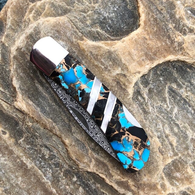 Blue Kingman Turquoise-Obsidian-Bronze 3" Damascus Knife | Yellowstone Spirit Southwestern Collection Knives Santa Fe Stoneworks 
