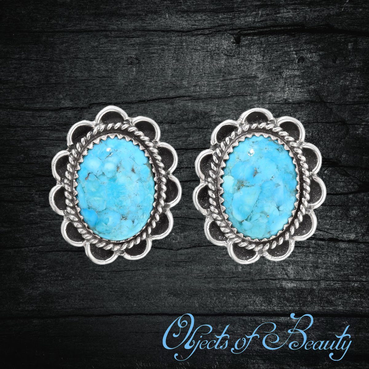 Blue Turquoise Silver Stud Post Earrings | Navajo Made Turquoise Earrings Objects of Beauty Southwest 