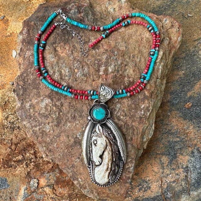 Bone Horse Pendant w Dual Coral-Turquoise Necklaces | Yellowstone Spirit Southwestern Collection Turquoise Necklace Objects of Beauty Southwest 