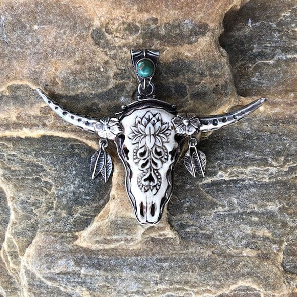 Longhorn Carved Bone SS Pendant w Turquoise Drop | Yellowstone Spirit Southwestern and Spirit Animal Collection