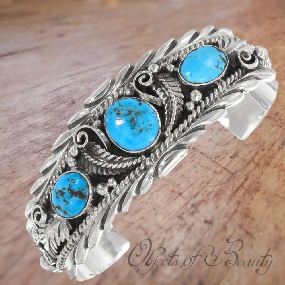 Native American Kingman Turquoise Silver Cuff Bracelet Bracelets Objects of Beauty 