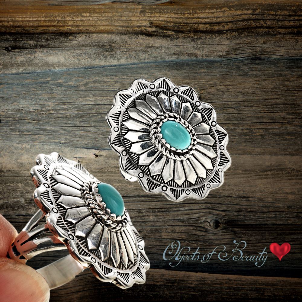 Silver Concho Star Flower Ring w Turquoise | Navajo Made Turquoise Ring Objects of Beauty Southwest 