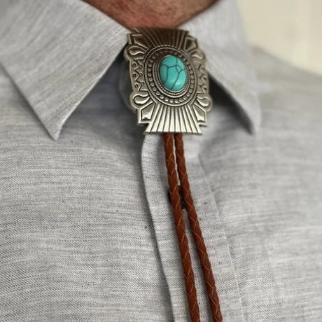Silver & Turquoise Square Concho Bolo Tie | Yellowstone Collection Turquoise Necklace Objects of Beauty Southwest  | Wyatt Bolo