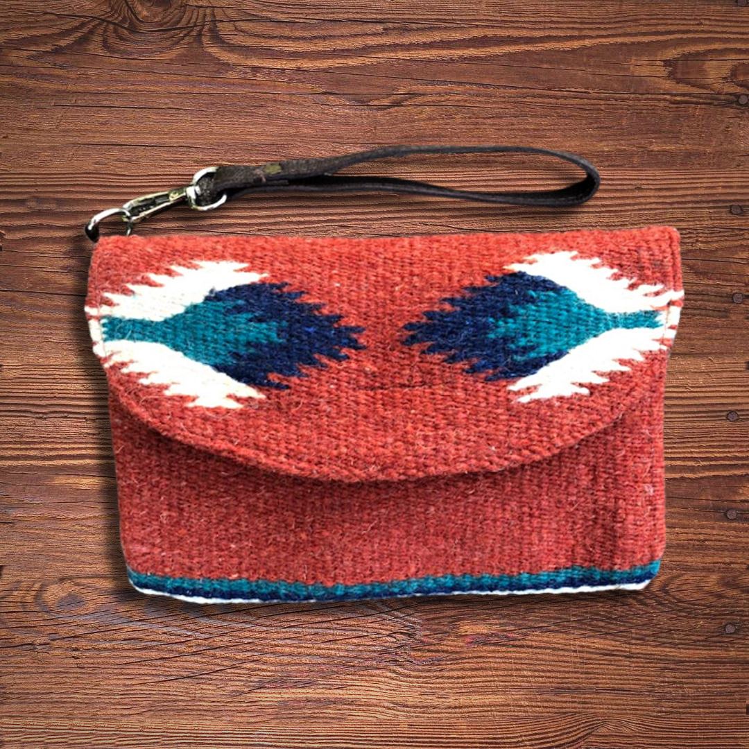 Southwestern Rust Turquoise Wool Wristlet Clutch Purse | Yellowstone Spirit Southwestern Collection |  Purses and Bags Objects of Beauty Southwest 