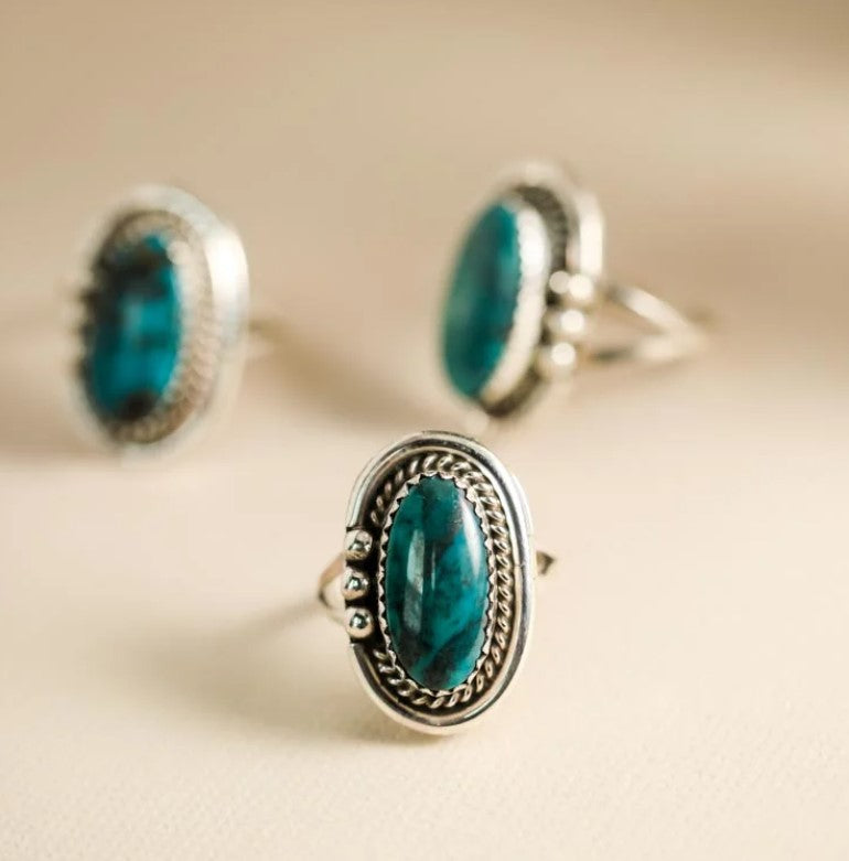 Teal Blue Green Oval Turquoise in Sterling Silver Setting | Navajo Made Turquoise Ring Objects of Beauty Southwest  | Yellowstone Collection