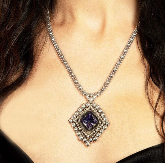 Violette Liquid Silver Necklace w Tanzanite Swarovski liquid metal necklace Sergio Gutierrez 