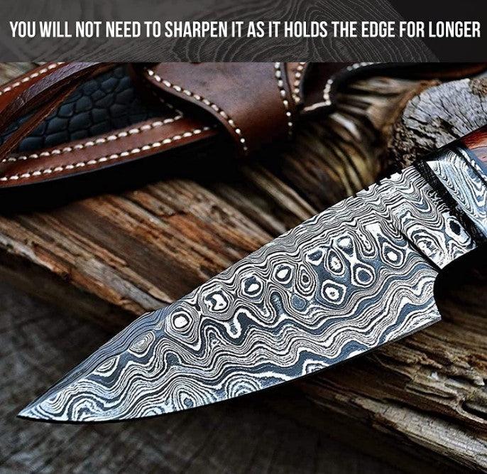 Walnut Damascus Bushcraft Knife | Yellowstone Spirit Southwestern Collection BigCat Knives | Damascus blade closeup