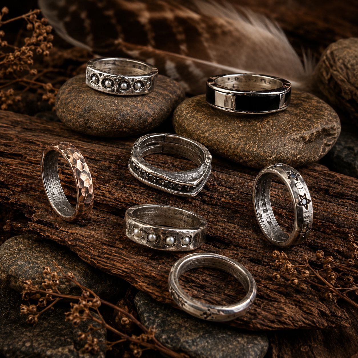 Feather Fire & Stone Rings by David Tishbi and Luca Vale