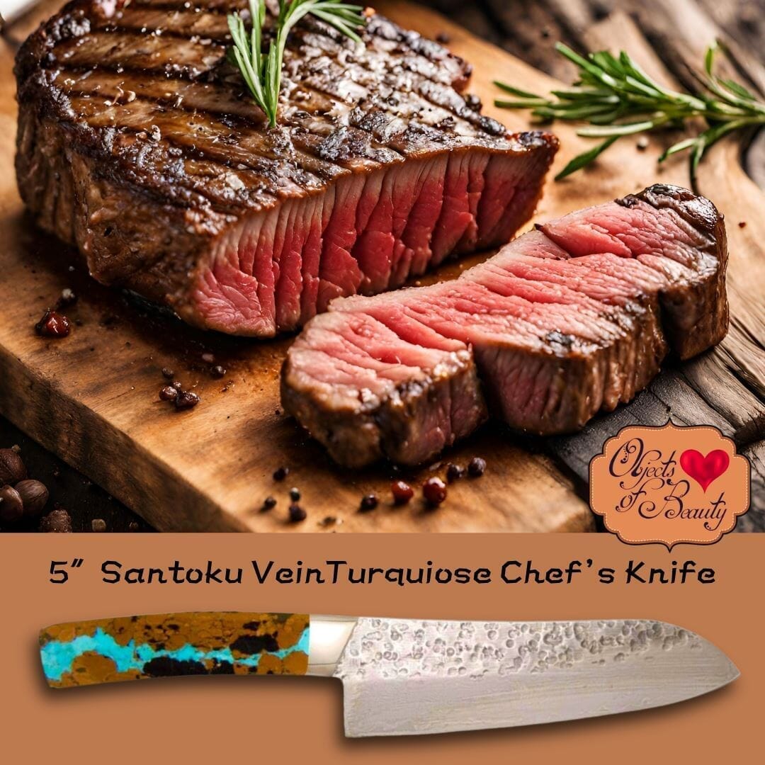 5" Santoku Vein Turquoise Damascus Chef’s Knife | Yellowstone Spirit Southwestern Collection Kitchen Knife Santa Fe Stoneworks 