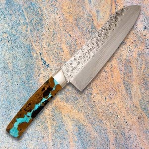 7" Santoku Vein Turquoise Damascus Chef’s Knife | Yellowstone Spirit Southwestern Collection Turquoise Butcher Knife Santa Fe Stoneworks 
