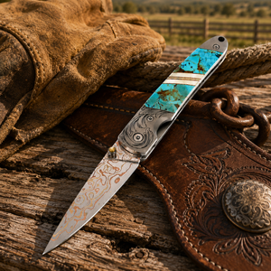 Blue-Green Kingman Turquoise 4" Copper & Brass Core Damascus | Yellowstone Spirit Southwestern Collection