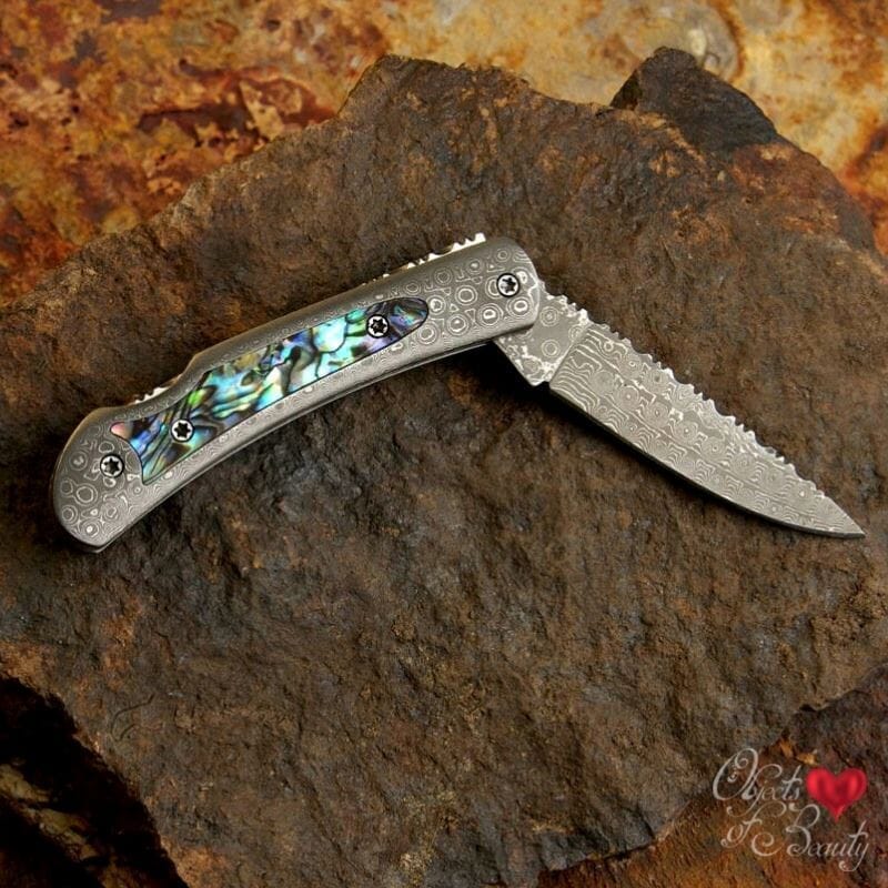 Abalone Inlaid Pocket Knife 3" w Damascus Blade ~ Santa Fe Stoneworks | Yellowstone Spirit Southwestern Collection Collectible Knives Santa Fe Stoneworks 