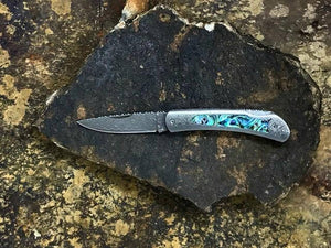 Abalone Inlaid Pocket Knife 3" w Damascus Blade ~ Santa Fe Stoneworks | Yellowstone Spirit Southwestern Collection Collectible Knives Santa Fe Stoneworks 