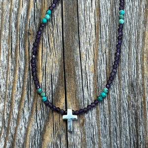 Amethyst and Turquoise with Silver Cross Beaded Necklace | Yellowstone Spirit Southwestern Collection Amethyst Turquoise Necklace Objects of Beauty Southwest 