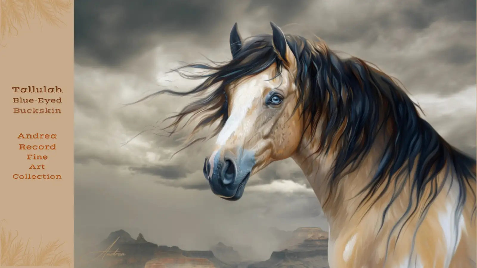 A beautifully rendered painting of a blue-eyed buckskin horse with flowing dark mane and expressive eyes, set against a dramatic cloudy sky.