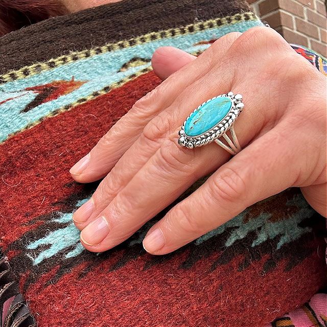 Beth Dutton Oval Turquoise Ring w Silver Raindrops | Yellowstone Spirit Southwestern Collection Turquoise Ring Objects of Beauty Southwest 