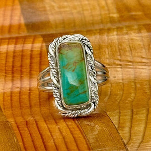 Beth Dutton Slender Turquoise w Fancy Twist Ring GREEN 7.5 | Yellowstone Spirit Southwestern Collection Turquoise Ring Objects of Beauty Southwest 