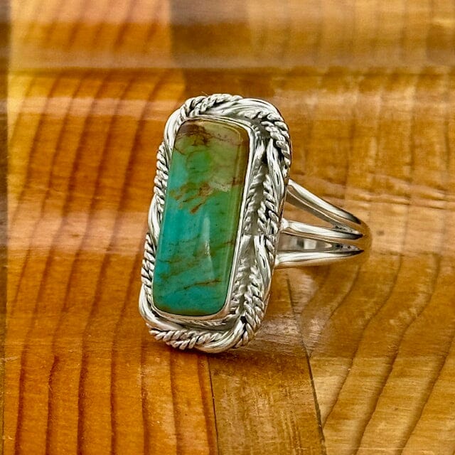Beth Dutton Slender Turquoise w Fancy Twist Ring GREEN 7.5 | Yellowstone Spirit Southwestern Collection Turquoise Ring Objects of Beauty Southwest 