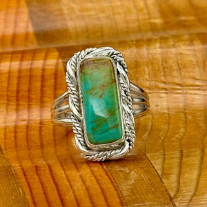 Beth Dutton Slender Turquoise w Fancy Twist Ring GREEN 7.5 | Yellowstone Spirit Southwestern Collection Turquoise Ring Objects of Beauty Southwest 