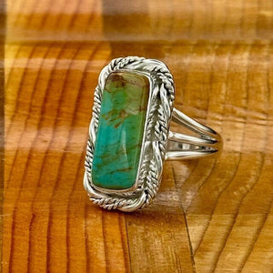 Beth Dutton Slender Turquoise w Fancy Twist Ring GREEN 7.5 | Yellowstone Spirit Southwestern Collection Turquoise Ring Objects of Beauty Southwest 