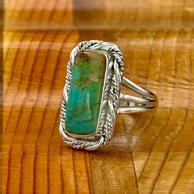 Beth Dutton Slender Turquoise w Fancy Twist Ring GREEN 7.5 | Yellowstone Spirit Southwestern Collection Turquoise Ring Objects of Beauty Southwest 