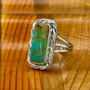 Beth Dutton Slender Turquoise w Fancy Twist Ring GREEN 7.5 | Yellowstone Spirit Southwestern Collection Turquoise Ring Objects of Beauty Southwest 