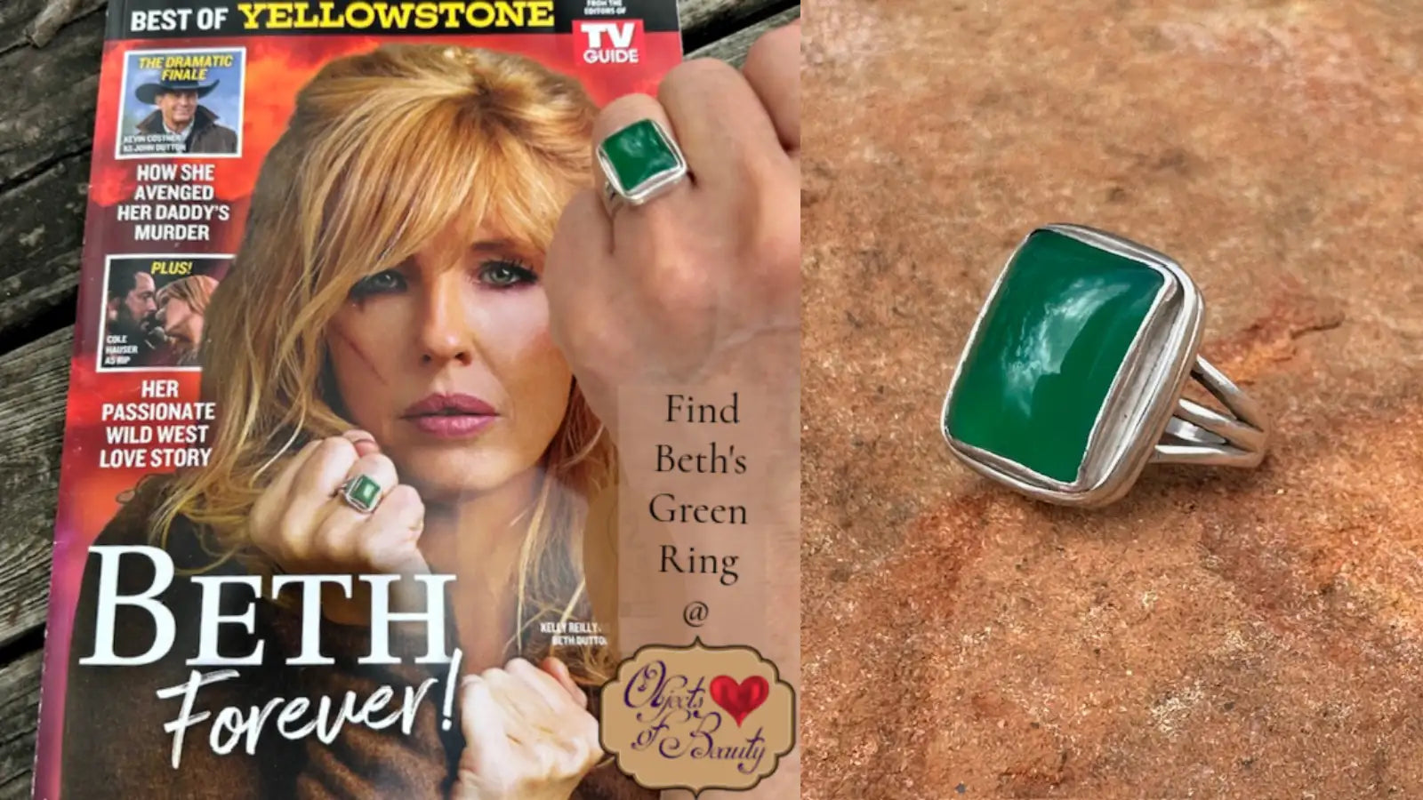 Beth’s green ring, silver band with emerald green stone.