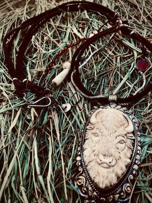 Bison Chief Carved Bone and Carnelian Talisman | Yellowstone Spirit Southwestern Collection Talisman Necklace Objects of Beauty Southwest 