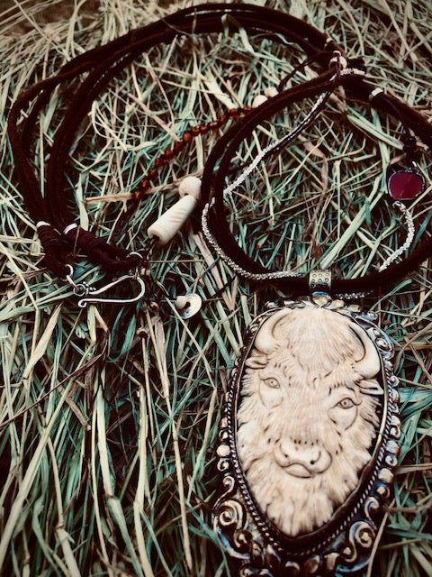 Bison Chief Carved Bone and Carnelian Talisman | Yellowstone Spirit Southwestern Collection
