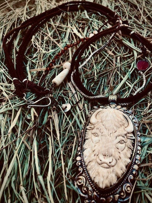 Bison Chief Carved Bone and Carnelian Talisman | Yellowstone Spirit Southwestern Collection Talisman Necklace Objects of Beauty Southwest 