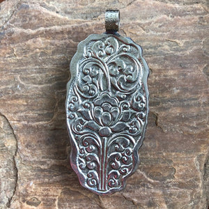 Bison Chief Pendant | Carved Bone | Yellowstone Collection Pendant Necklace Objects of Beauty Southwest | Pendant Backside with silver floral pattern