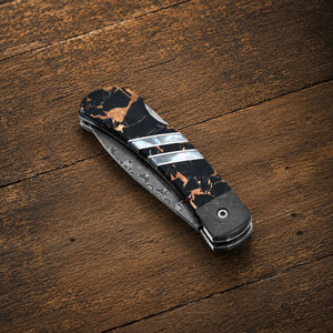 Black Buffalo Turquoise Damascus Blade & Titanium Frame 3 inch Knife Collectible Pocket Knives Santa Fe Stoneworks 