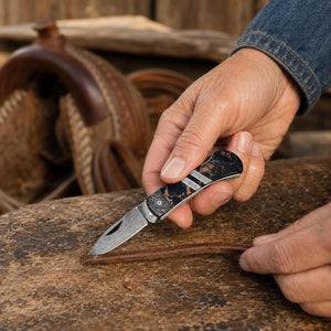 Black Buffalo Turquoise Damascus Blade & Titanium Frame 3 inch Knife Collectible Pocket Knives Santa Fe Stoneworks 