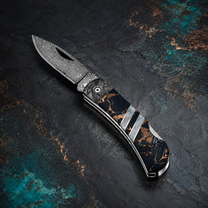 Black Buffalo Turquoise Damascus Blade & Titanium Frame 3 inch Knife Collectible Pocket Knives Santa Fe Stoneworks 