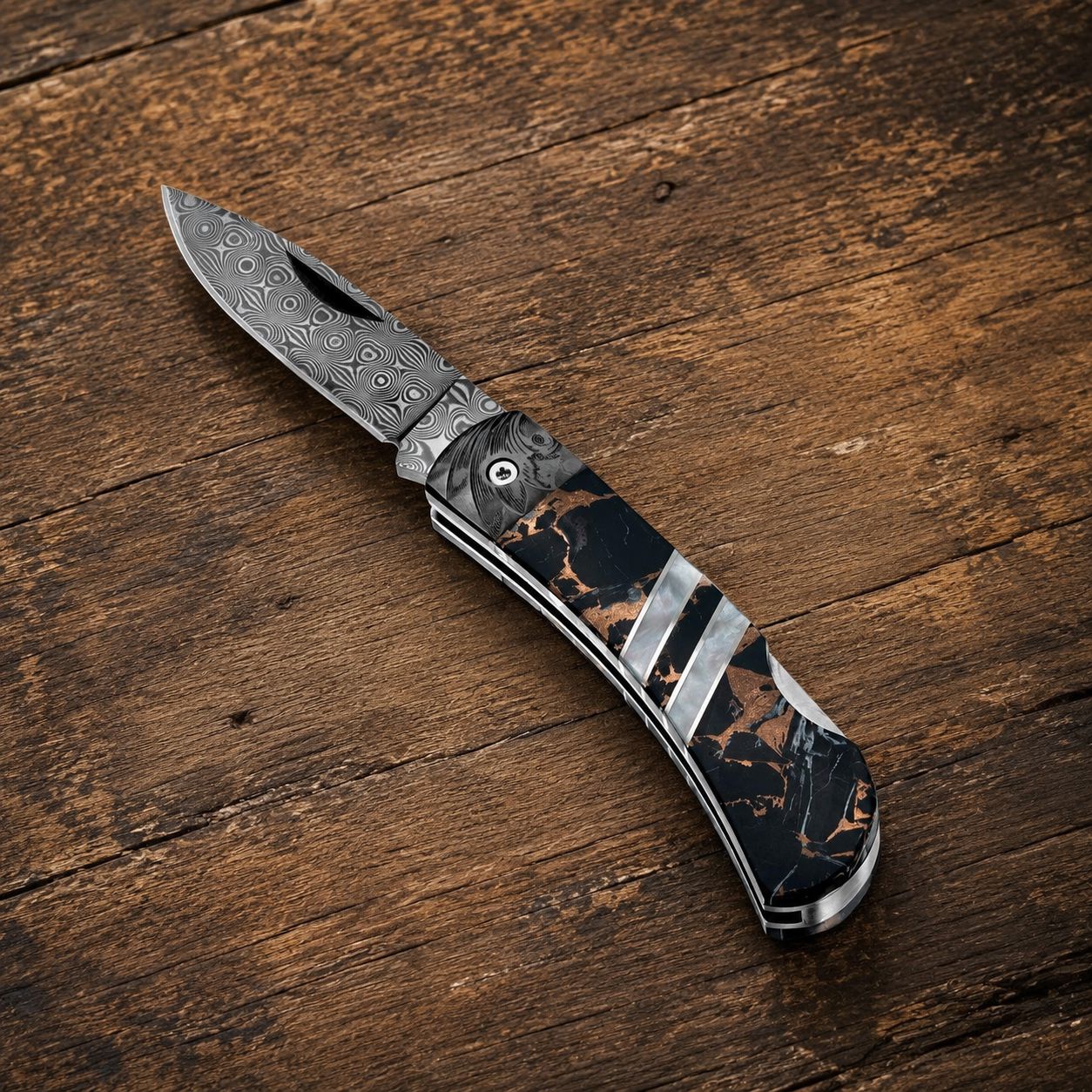 Black Buffalo Turquoise Damascus Blade & Titanium Frame 3 inch Knife Collectible Pocket Knives Santa Fe Stoneworks 