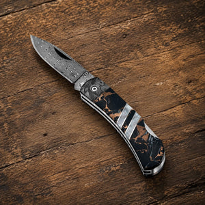 Black Buffalo Turquoise Damascus Blade & Titanium Frame 3 inch Knife Collectible Pocket Knives Santa Fe Stoneworks 