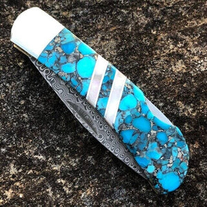Blue Bonita Nugget Turquoise 3" Damascus Knife | Yellowstone Spirit Southwestern Collection Knives Santa Fe Stoneworks 