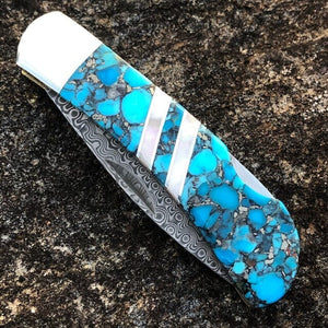 Blue Bonita Nugget Turquoise 3" Damascus Knife | Yellowstone Spirit Southwestern Collection Knives Santa Fe Stoneworks 