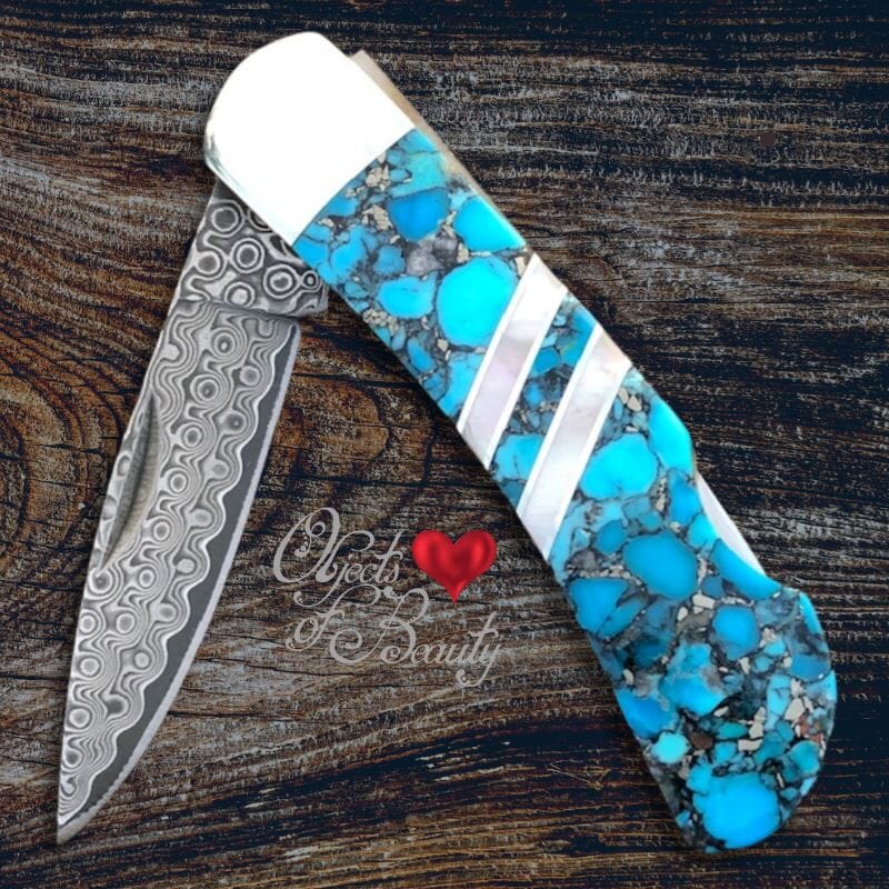 Blue Bonita Nugget Turquoise 3" Damascus Knife | Yellowstone Spirit Southwestern Collection Knives Santa Fe Stoneworks 