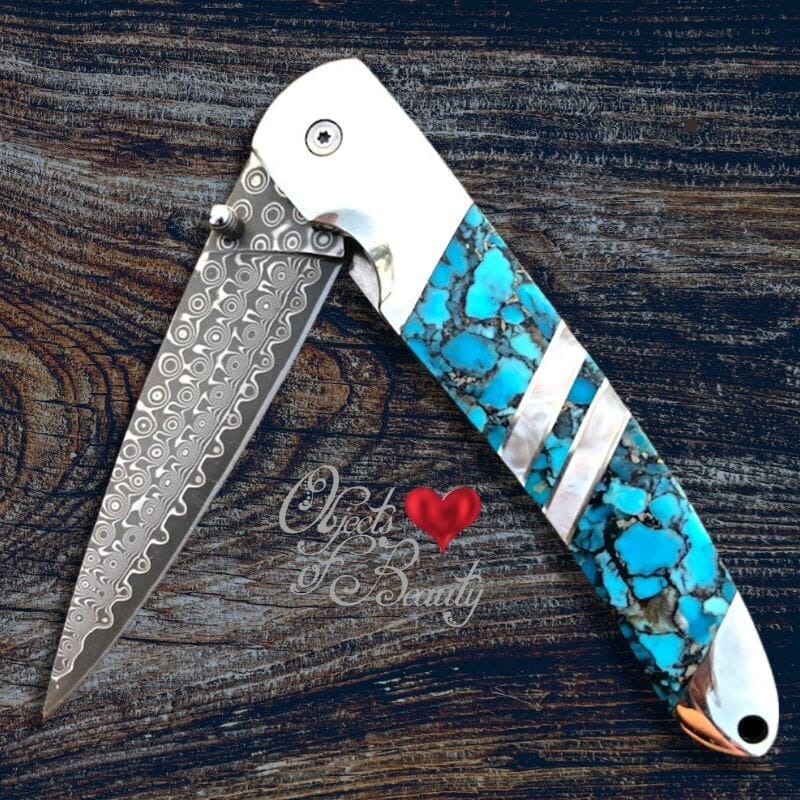 Blue Bonita Nugget Turquoise 4" Knife w Damascus Blade | Yellowstone Spirit Southwestern Collection Knives Santa Fe Stoneworks 