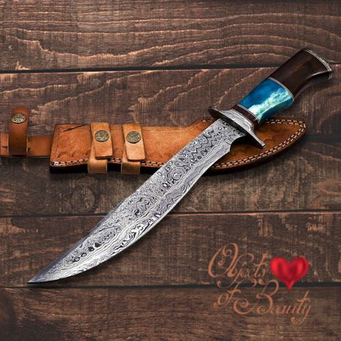 Blue Buffalo Horn White Cedar Wood Damascus Bowie Knife