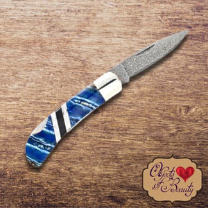 Blue Fossilized Mammoth Tooth 3" Knife w Onyx & MOP Damascus | Yellowstone Spirit Southwestern Collection Pocket Folders Santa Fe Stoneworks 