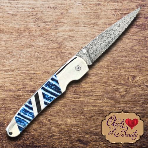 Blue Fossilized Mammoth Tooth 4" Knife w Onyx & MOP Damascus | Yellowstone Spirit Southwestern Collection Pocket Folders Santa Fe Stoneworks 