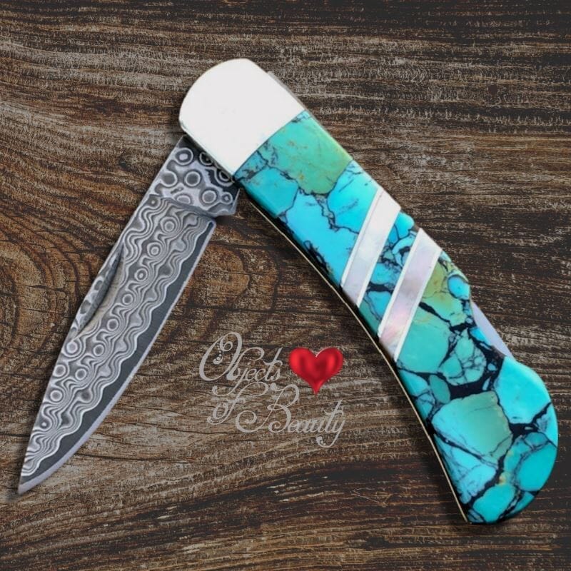Blue Green Kingman Nugget Turquoise 3" Damascus Knife | Yellowstone Spirit Southwestern Collection Knives Santa Fe Stoneworks 